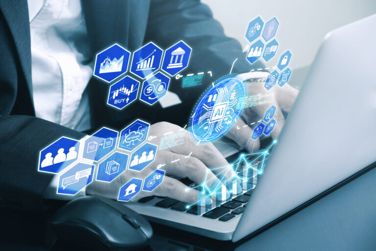 Businessman's hands are typing on notebook keyboard command work to AI , have hologram show AI dash board system , AI technology concept.