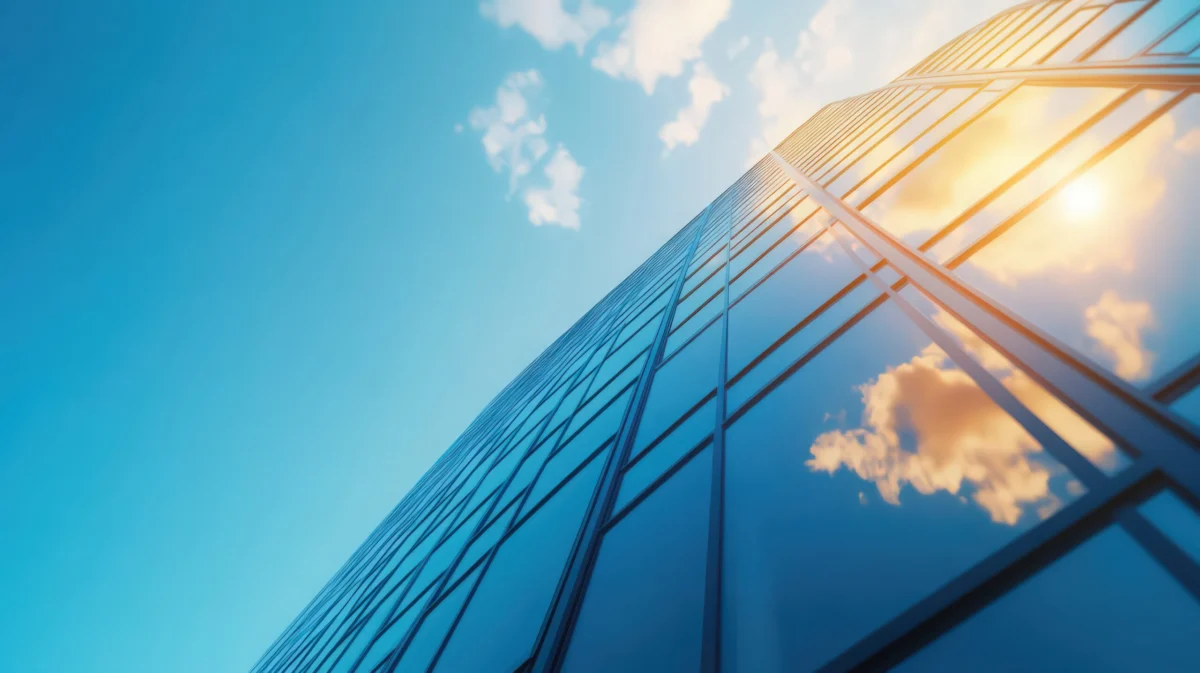 A tall building with a clear blue sky and a large cloud in the background