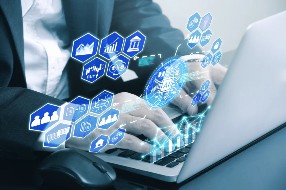 Businessman's hands are typing on notebook keyboard command work to AI , have hologram show AI dash board system , AI technology concept.