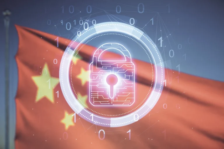 Virtual creative lock sketch with chip hologram on Chinese flag and sunset sky background, protection of personal data concept. Multiexposure