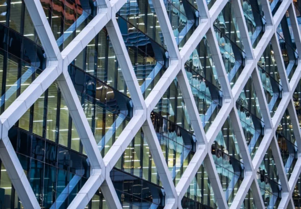 Office building facade at night