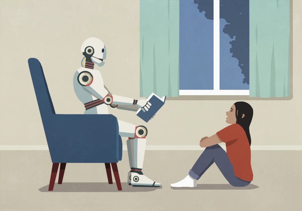Humanoid robot reading book to girl in living room at home