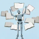 LLM AI bot reading multiple books at once against blue background