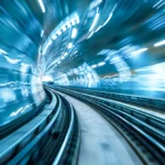 Acceleration speed on the railroad. Light and stripes fast motio