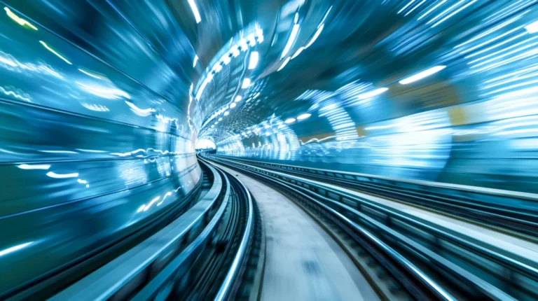 Acceleration speed on the railroad. Light and stripes fast motio