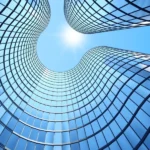 3d render of morning view to perspective glass building