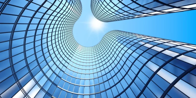 3d render of morning view to perspective glass building