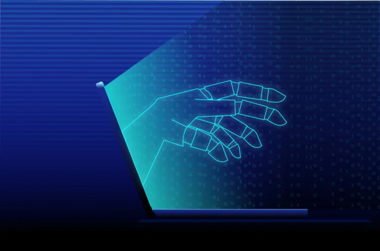 Computer laptop Artificial Intelligence hacker concept with robot hand coming out of laptop screen and blue binary code background with zero and 1 numbers