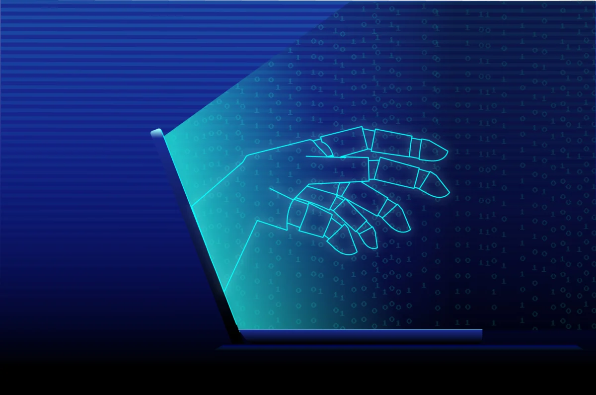 Computer laptop Artificial Intelligence hacker concept with robot hand coming out of laptop screen and blue binary code background with zero and 1 numbers
