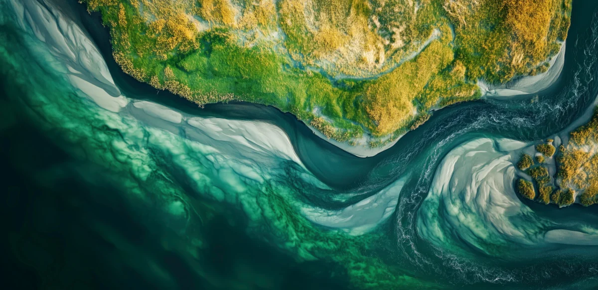 Aerial View of River Delta: A breathtaking aerial shot captures