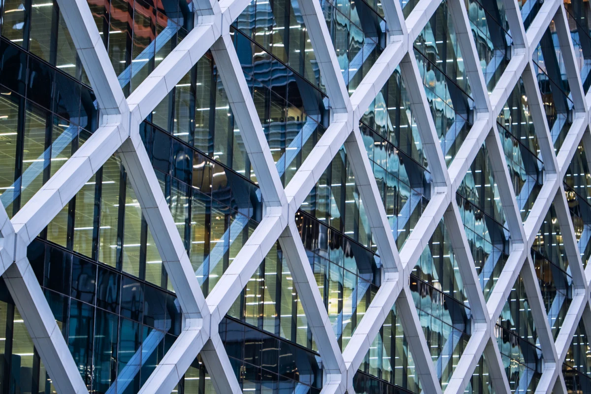 Office building facade at night