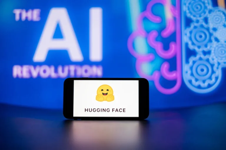 In this photo illustration, the Hugging Face logo seen