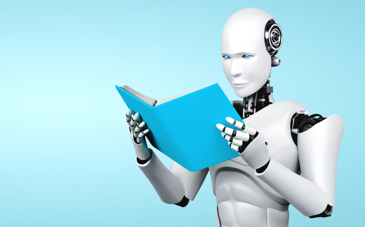 3D illustration of robot humanoid reading book
