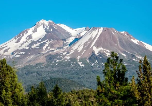 Scenic View Of Mt Shasta Against Clear Blue Sky