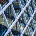 Office building facade at night